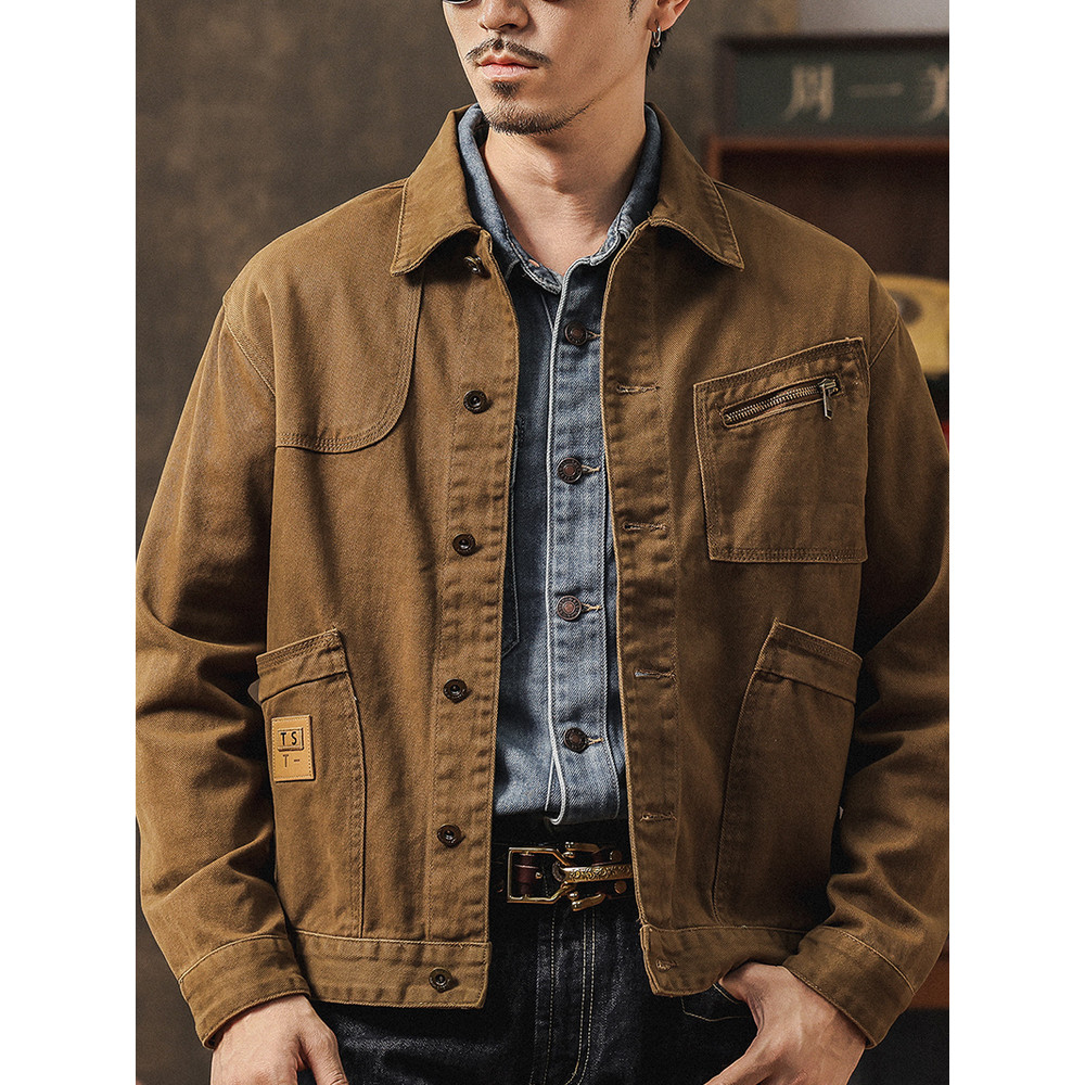 Oak marrom americano cara resistente ferramentas jaqueta jeans masculina primavera outono novo estilo solto Casual na mo