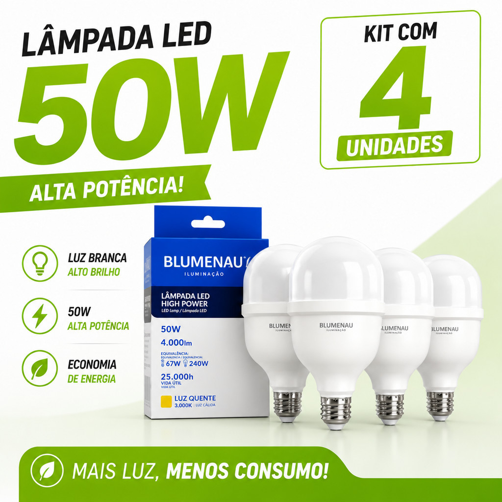 Kit 4 Lâmpadas Bivolt Alta Potencia 50w 6500K Super Bulbo Forte Luz Branca 127v/220v lâmpada led quarto lâmpada cozinha