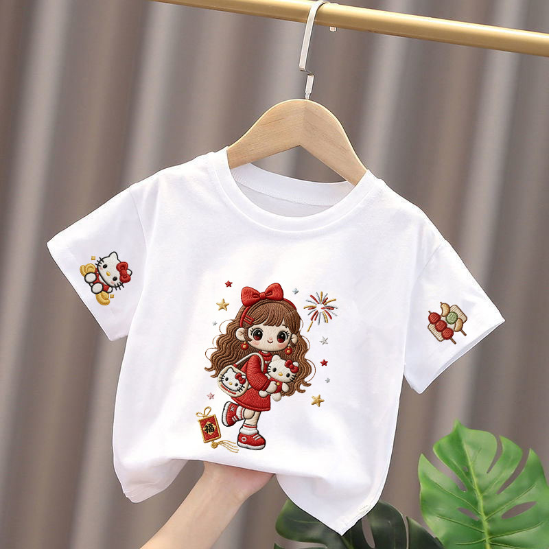 Médio pequeno crianças verão 2026 novo estilo Casual meninas puro algodão de manga curta camiseta impressa topo dos dese