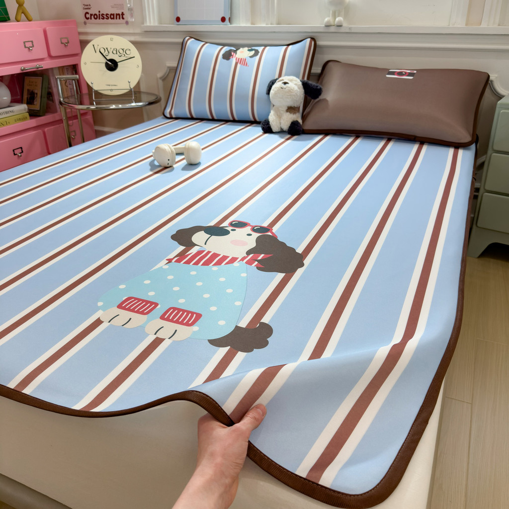 Ins Cartoon Ice Silk Cool Mat Conjunto de três peças lavável à máquina verão fresco tapete de ar condicionado dormitório