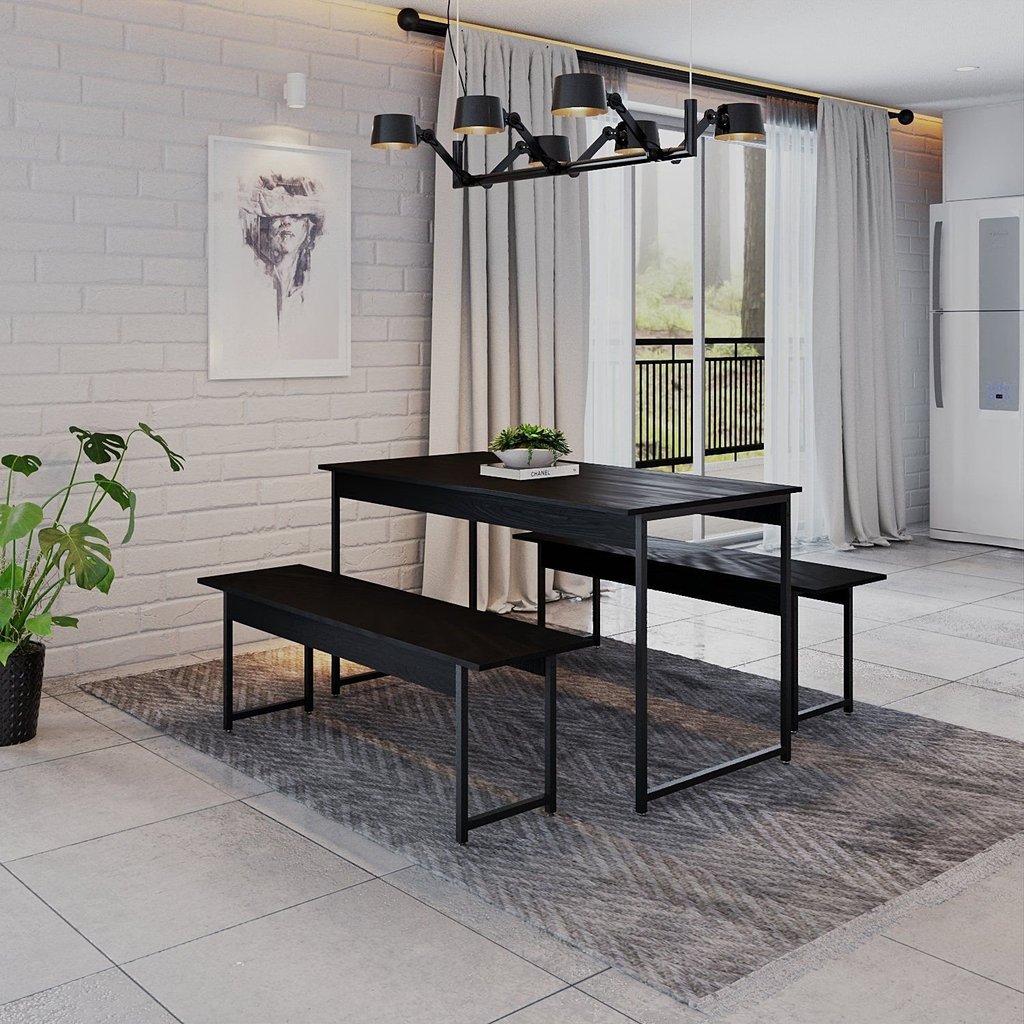 Conjunto Mesa de Jantar com 2 Bancos Estilo Industrial Active Yescasa Preto/Ônix Preto Onix