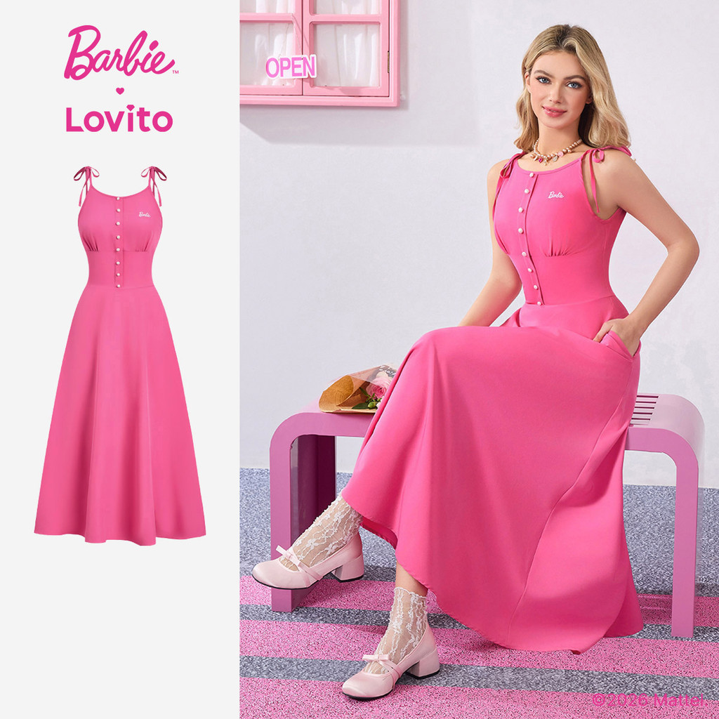 Barbie™ X Lovito Vestido Casual Botão Frente Babado Bainha Rosa Vermelha para Mu