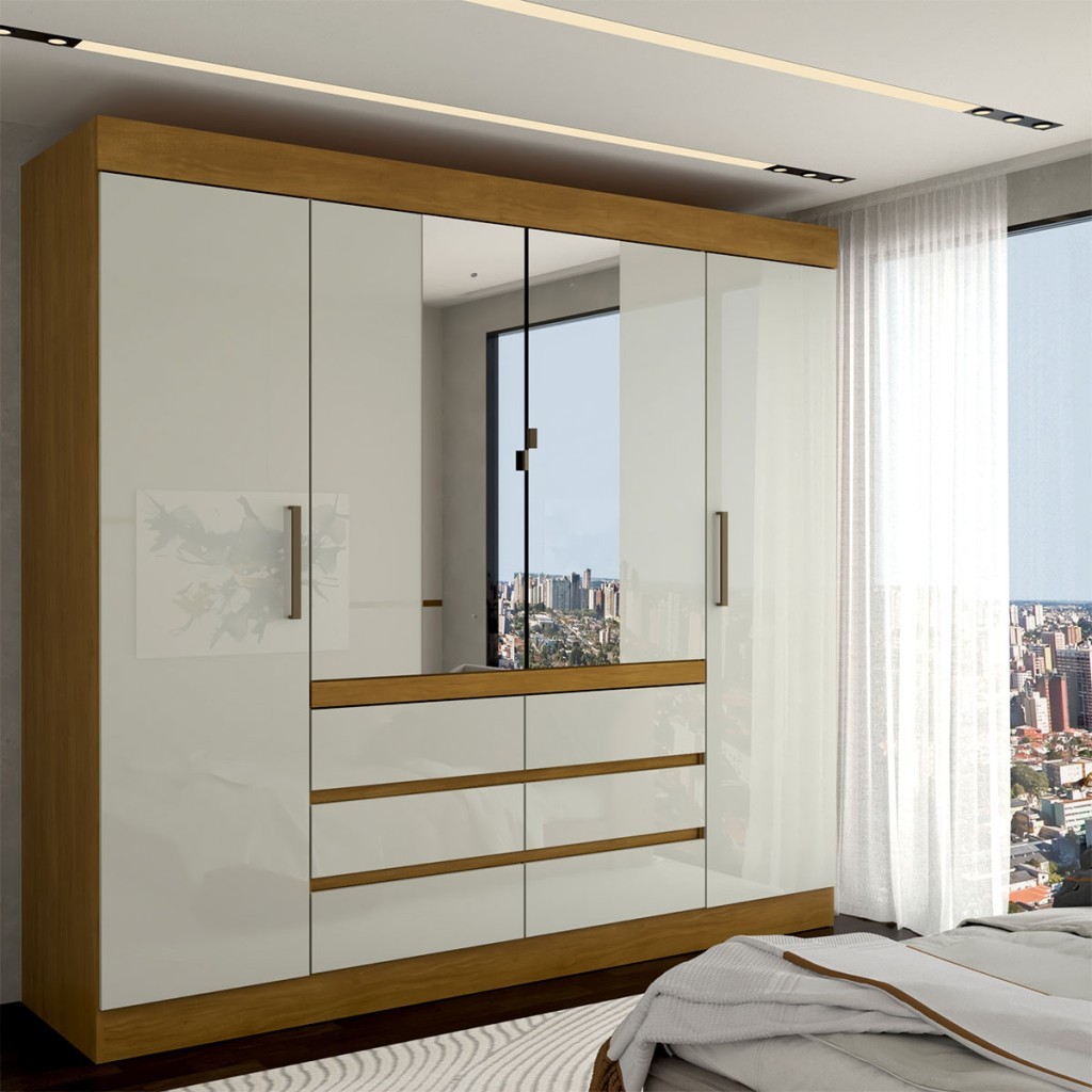 Guarda-Roupa Casal Milano 4 Portas 6 Gavetas com Espelho Cinamomo/Off White - Panorama Móveis