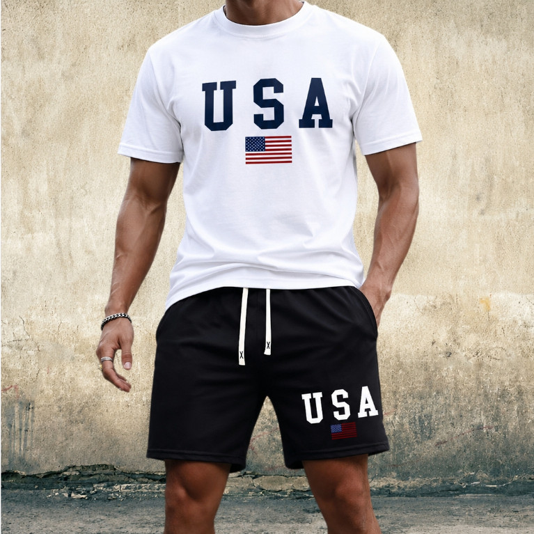 Conjunto Masculino Short Moletom+Camiseta Estiloso USA EUA