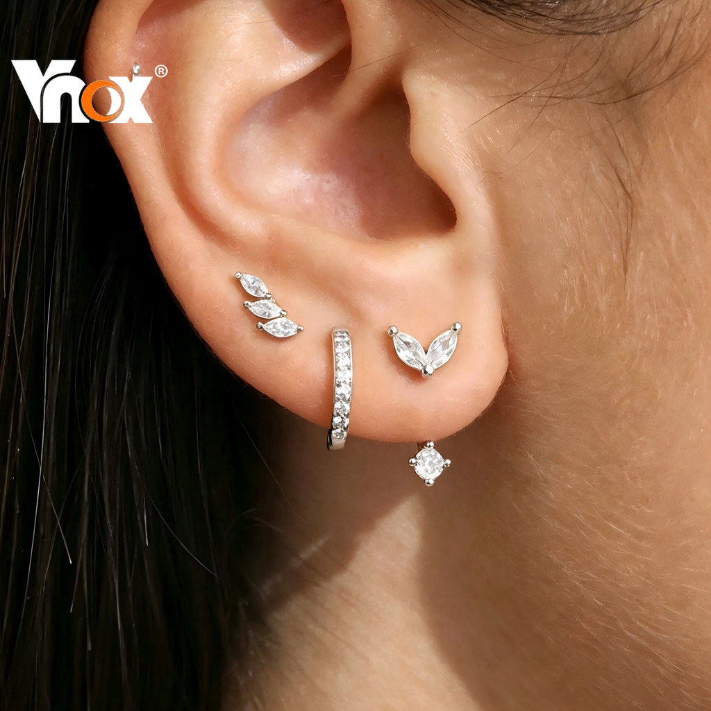 Conjunto De 3 Pares Vnox Prata CZ Trigo Brincos Para Mulheres , Elegante Presente De Joias Diárias Sem Manchas