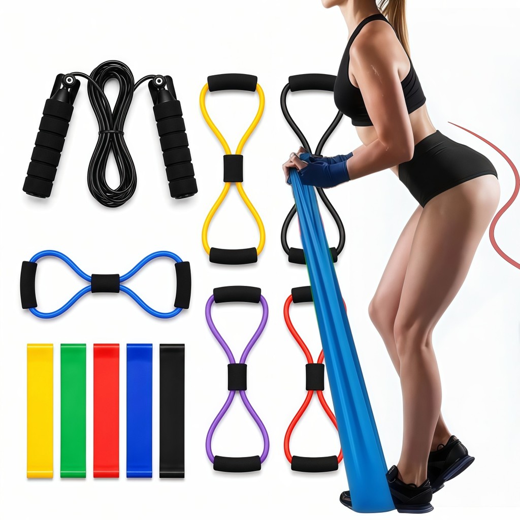 Imagem Kit Treino em Casa Completo com Extensor Cross Tube, 5 Faixas Elásticas e Corda de Pular, Tudo Incluído.