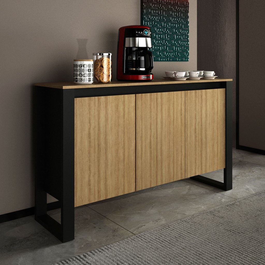 Balcão para Escritório 136cm com 3 Portas e 1 Prateleira ME4147 Marrom Amêndoa/Preto