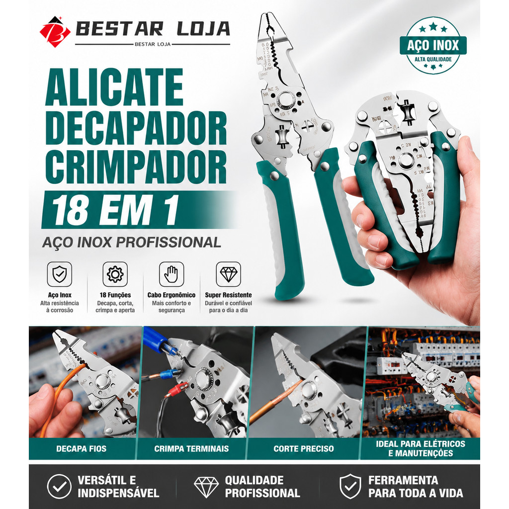BESTAR Alicate Decapador Crimpador 18 Em 1 Aço Inox Profissional