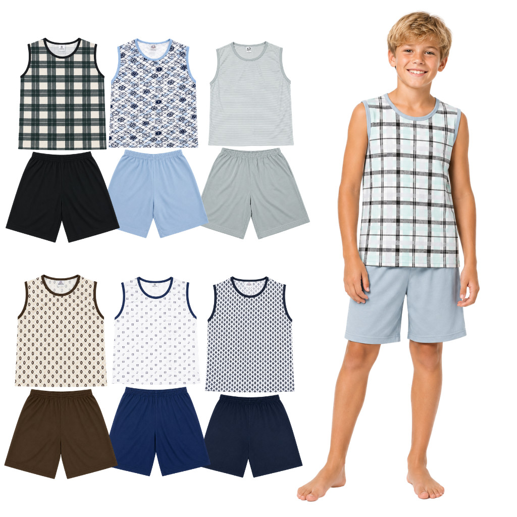 Kit 2 Pijamas Regata Machão e Short Estampas Sortidas Juvenil Masculino Tam. 10 ao 16