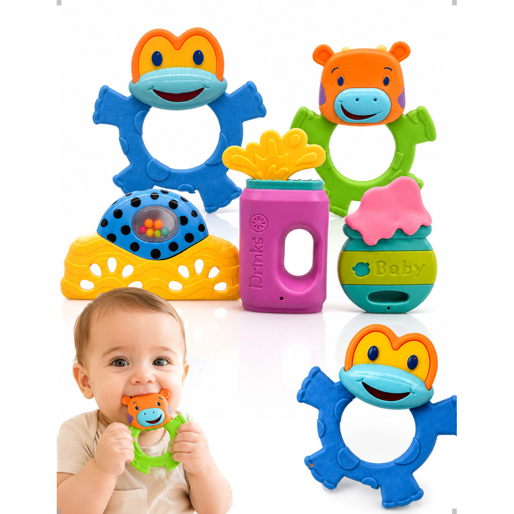 Kit 5 Mordedores e Chocalhos para Bebê Brinquedo Sensorial  Dentição Infantil Educativo Montessori