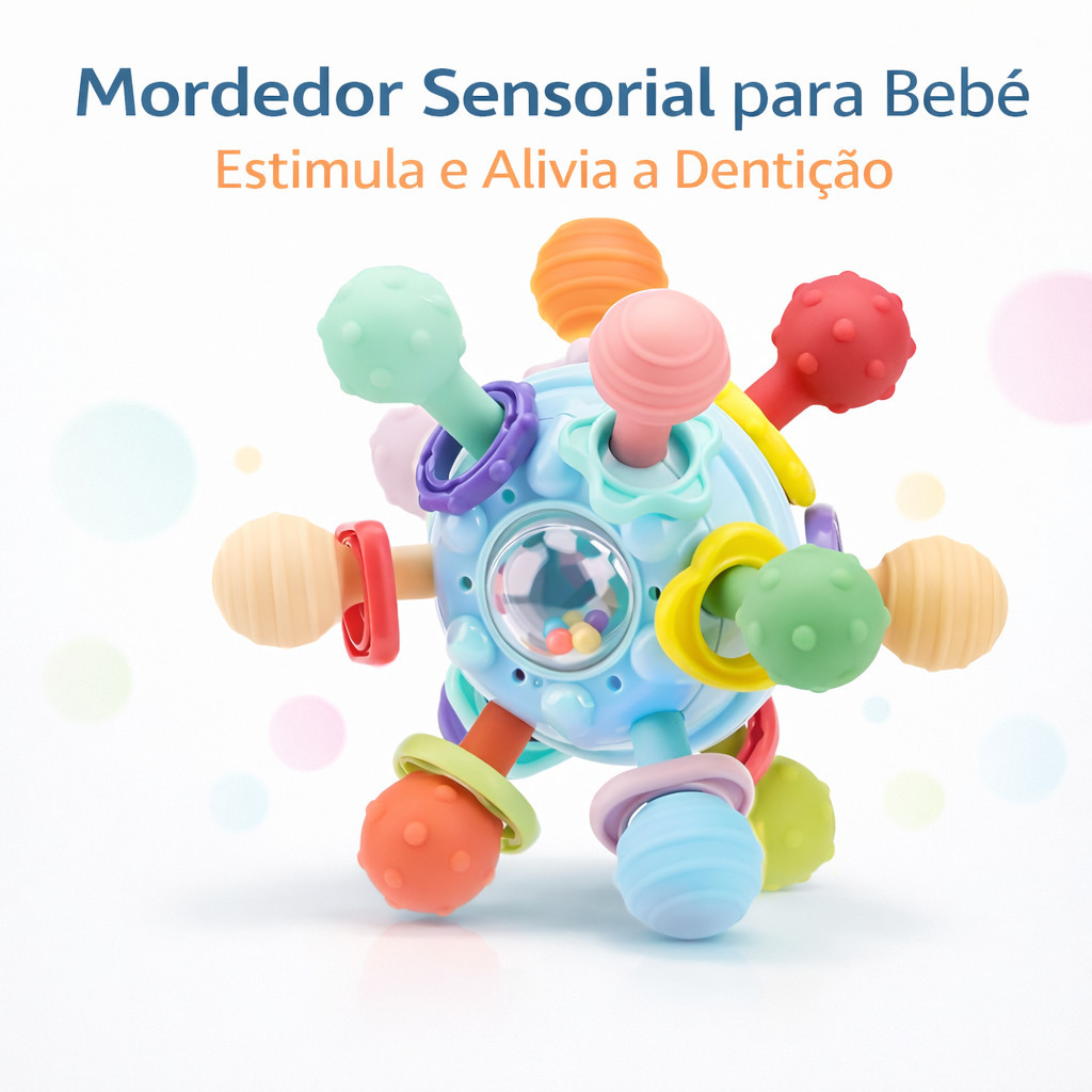 Mordedor Chocalho para Bebê Bola Sensorial Silicone Massageador de Gengiva Infantil