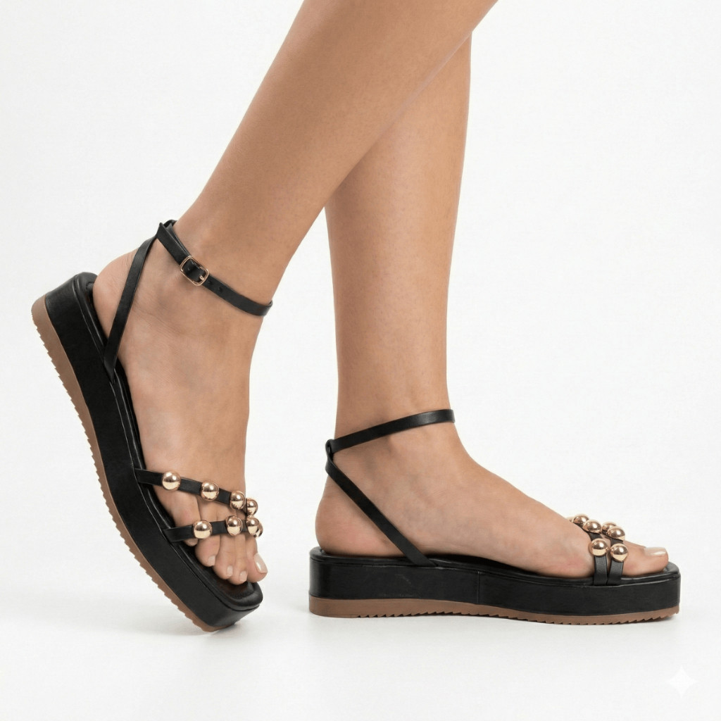 Sandália Feminina Flatform Tamanco Casual Confortável com Enfeite Metalizado — imagem 2 de 2