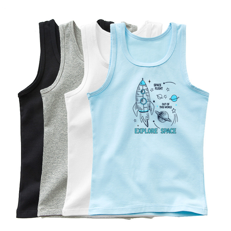 Meninos Espaço Foguete Planeta Impresso Algodão Sem Mangas Camiseta Crianças Casual Diário Regata