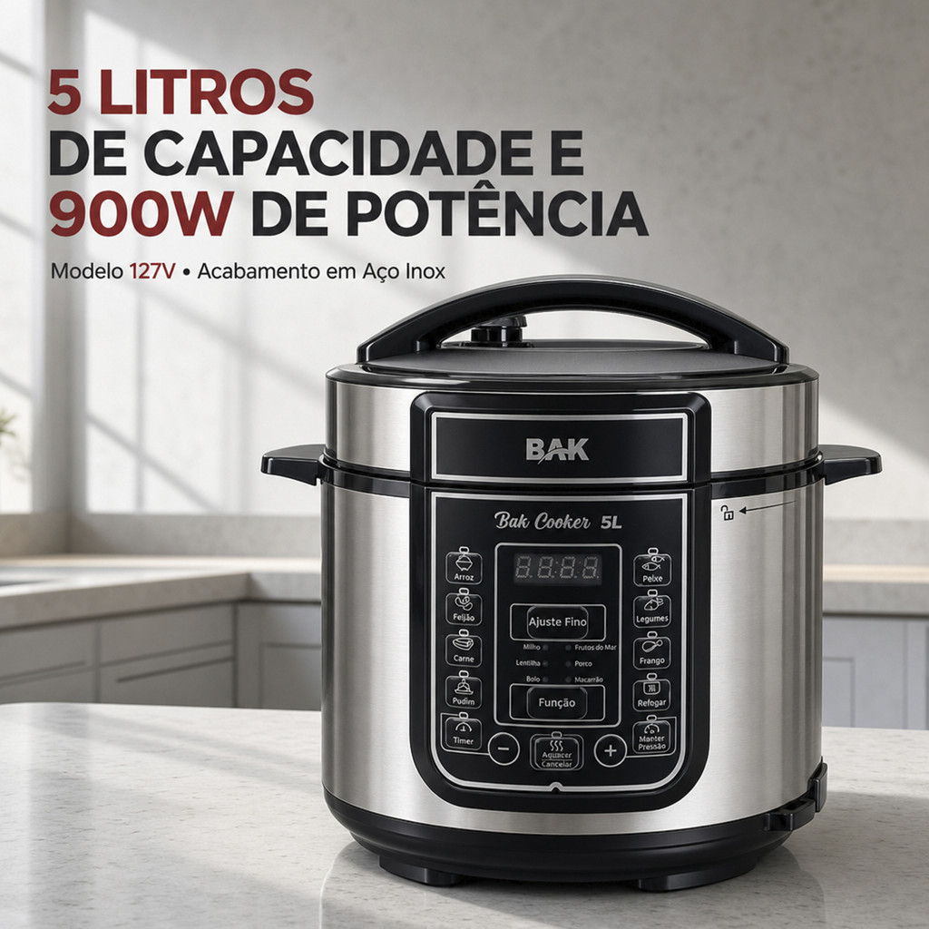 Panela De Pressão Elétrica Inox Digital 5 Litros 110V Para Arroz Feijão Carnes Legumes Timer BAK