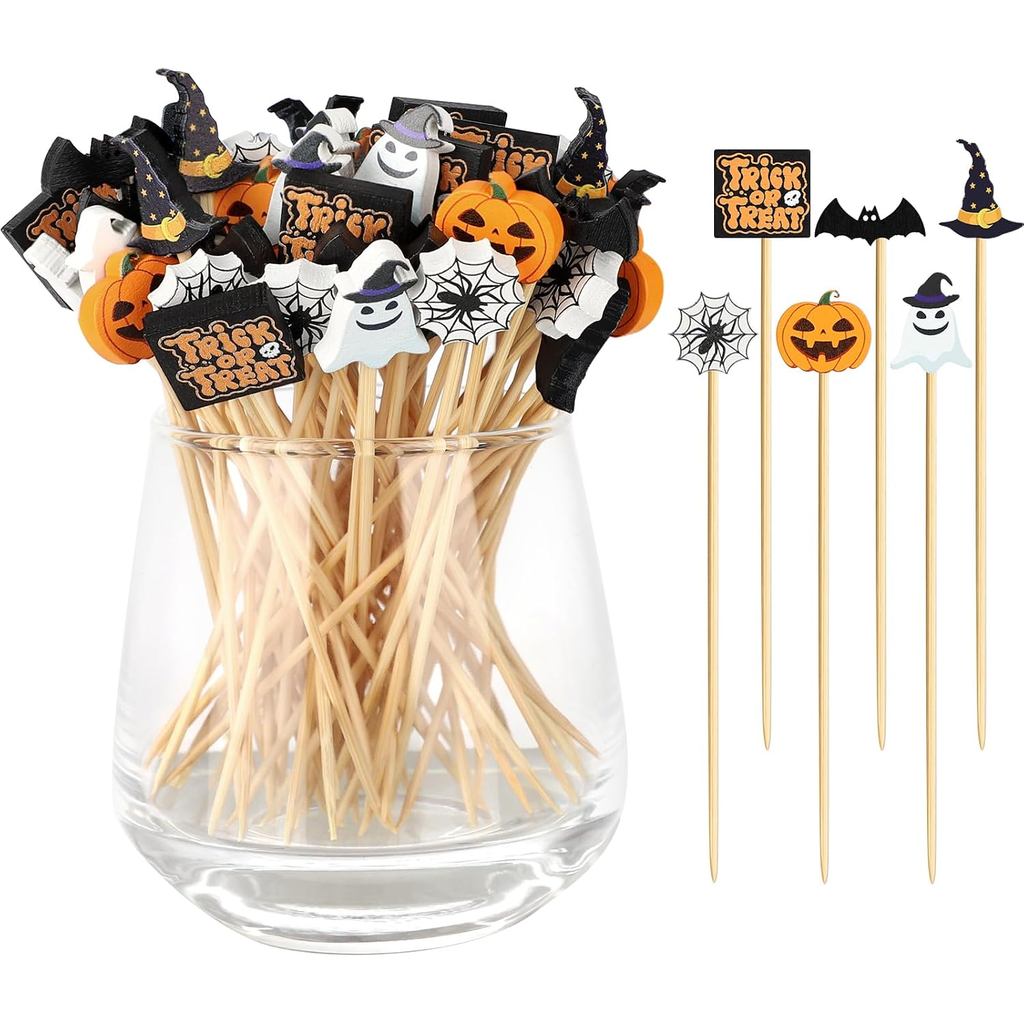 Palitos de Coquetel de Halloween, 6 Estilos de Palitos de Bambu com Tema de Halloween para Aperitivos, Comidas, Bebidas