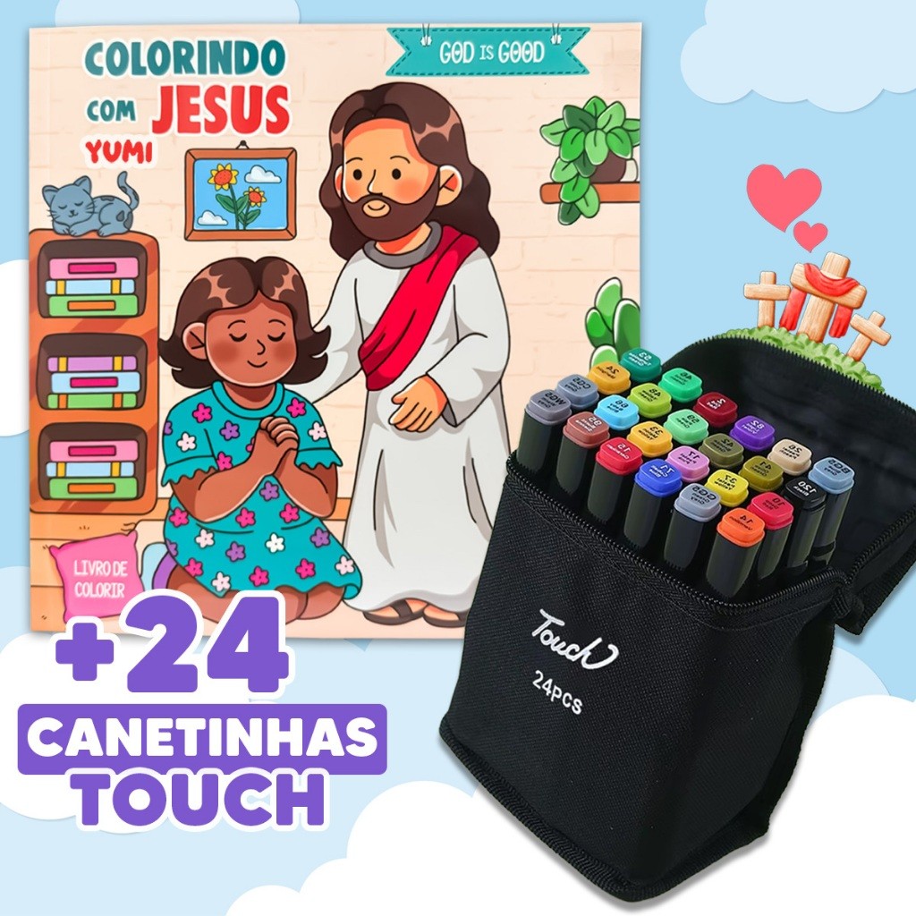 Kit Livro De Colorir God Is Good Historias Bíblicas Colorindo Com Jesus + 24 Canetinhas Canetas Touch Ponta Dupla
