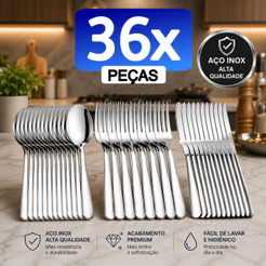 Conjunto Jogo de Talheres 36 peças Aço Inox Facas Garfos e Colheres de Mesa Casa Para Restaurante Buffet