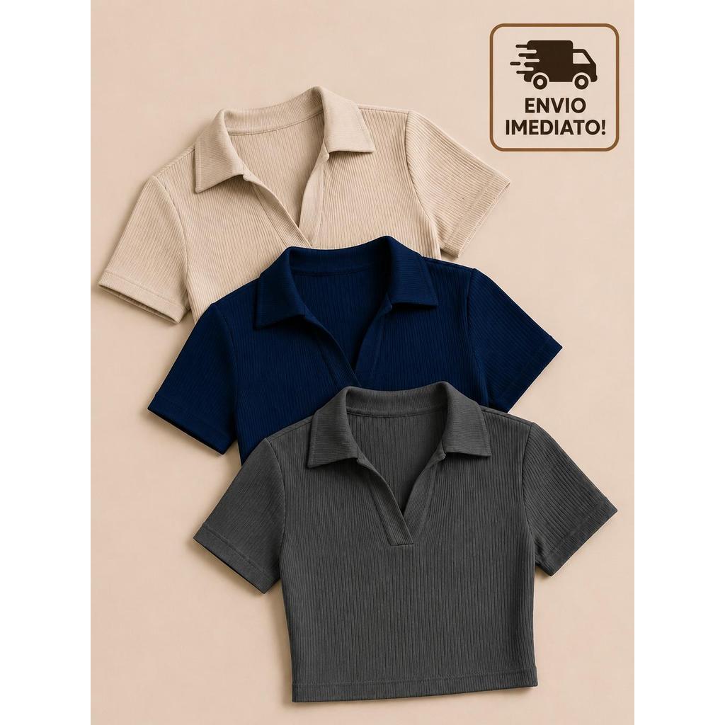 Cropped Feminino Canelado Gola Polo Manga Curta Blusa Básica Estilo Moderno Elegante Canelada Com Linhas Verticais