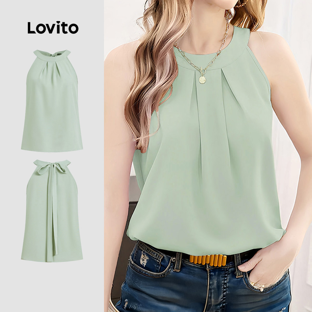 (New Arrival) Lovito Top Casual Verde Primavera/verão com Pregas e Laço Nas Cost