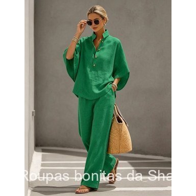 Conjunto Feminino Linho Algodão Camisa Solta Manga Longa Decote V Calça Wide-Leg Unicolor Trabalho Casual — imagem 2 de 2