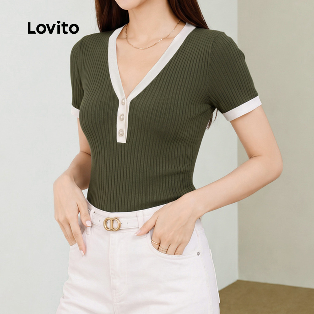 Lovito Elegante Camiseta com Botão e Blocos de Cor Primavera/verão Camiseta Verde para Mulheres TSB202P2D540 · foto 2