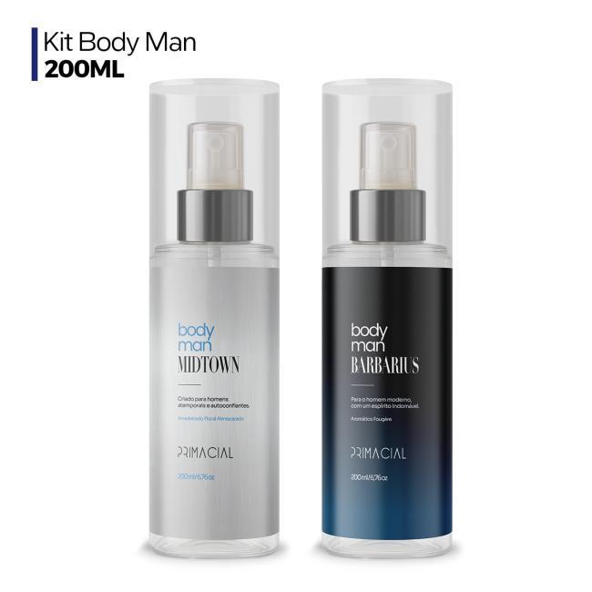 KIT COM 2 BODY SPLASH MASCULINO BARBARIUS E MIDTOWN 200ML - PRIMACIAL PERFUME FRESCO AMADEIRADO suave