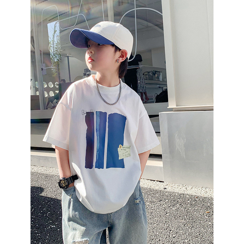 Grande menino verão puro algodão de manga curta camiseta 2026 novo estilo crianças menino verão bonito meia manga camise