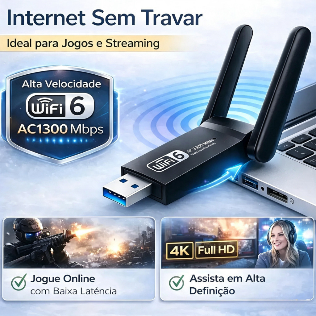 Receptor Wifi 6 USB Dual Band 5GHz 1300Mbps + Bluetooth 5.4 P/ PC Desktop Notebook Windows