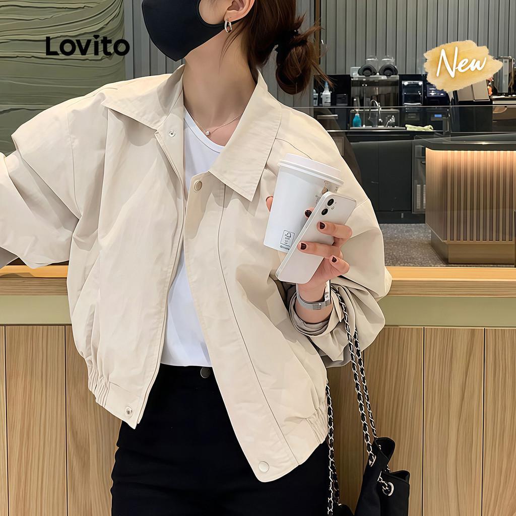(New Arrival) Lovito Jaqueta Casual Khaki para Mulheres Simples e Confortável Primavera/Verão JKNS149TX244