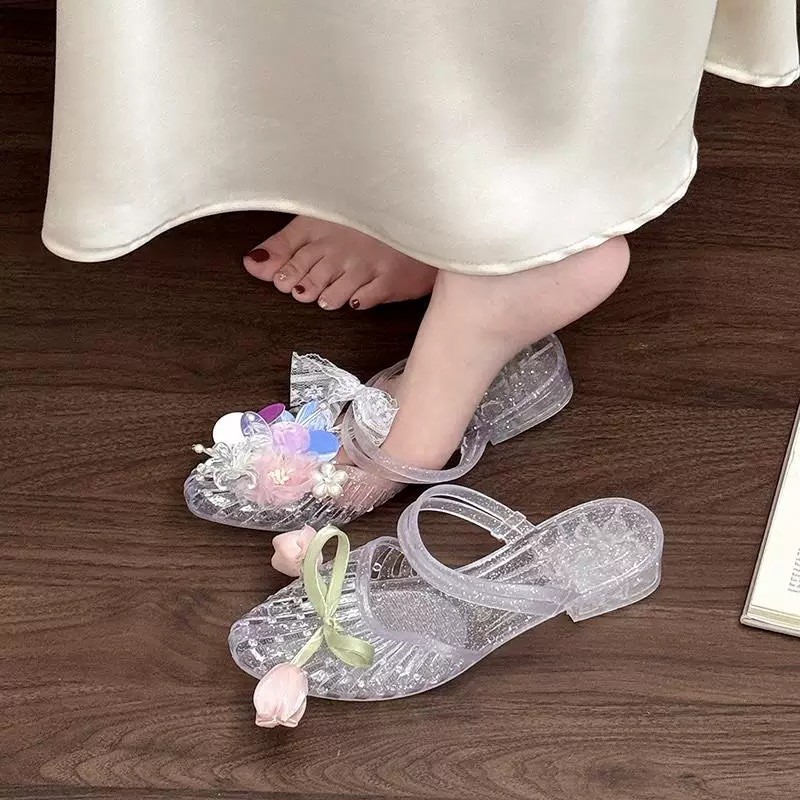 Chinelos de geléia de cristal feminino verão cunha salto antiderrapante respirável Toe-coberto sandálias exterior usar s