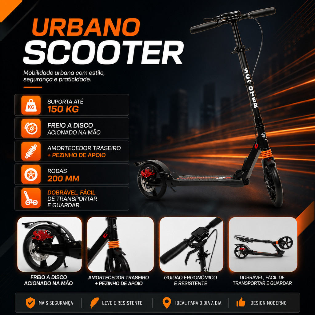 Patinete Scooter Urbano Suporta 150 Kg 200 Mm Freio A Disco