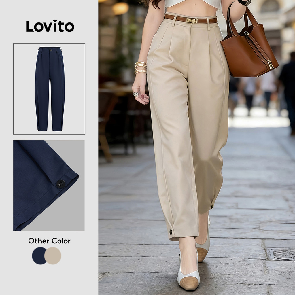 (New Arrival) Lovito Calça Casual com Botão Primavera/verão Calça Caqui Feminina