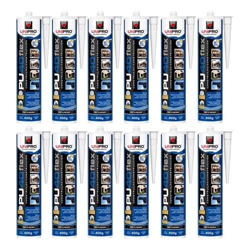 Kit 12 Adesivo de Construção PU 40 Profissional Preto 400g/280ml Unipro - Selante Híbrido Multiuso