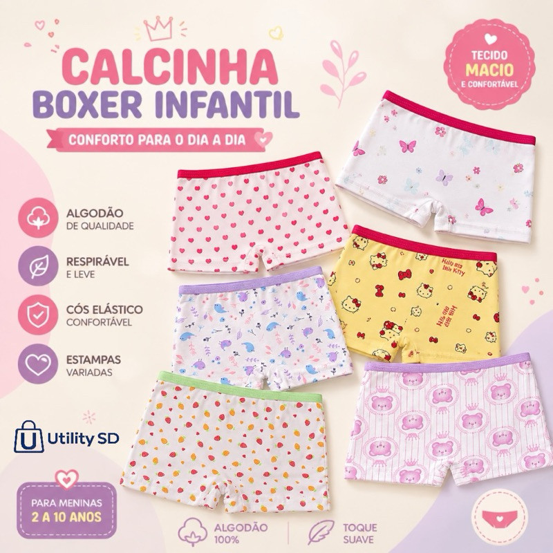 Kit com até 12 Calcinhas Boxer Microfibra Infantil Feminina Menina Conforto