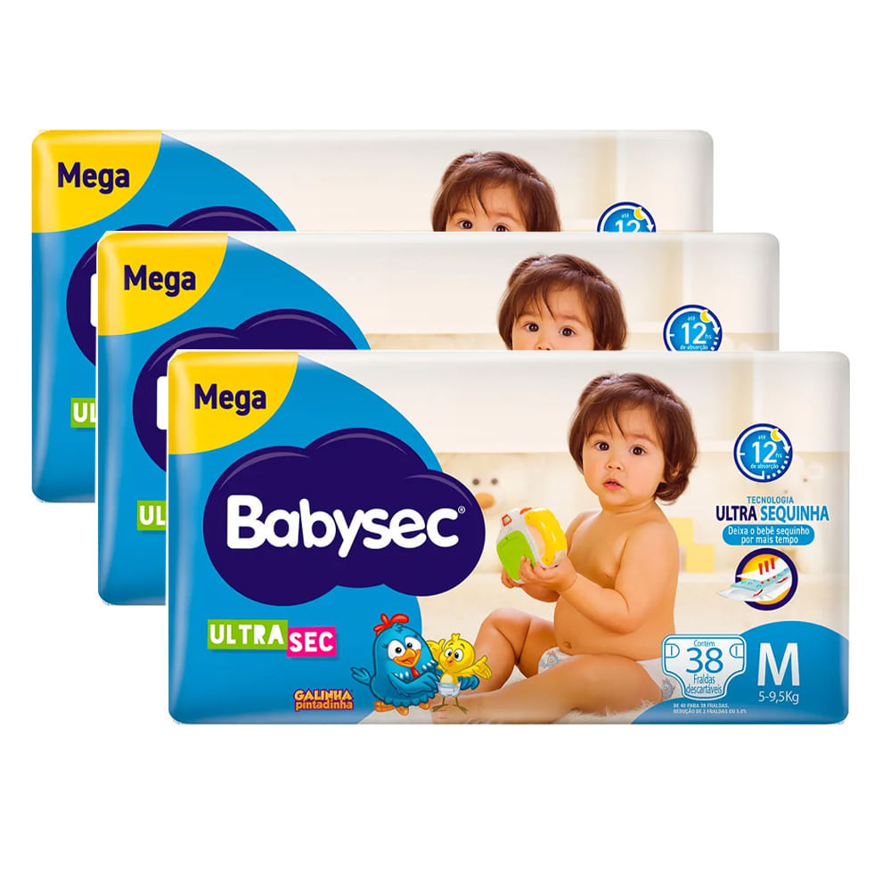 Kit Fralda Descartável Babysec Galinha Pintadinha Ultrasec Mega M 38 Tiras - 3 U