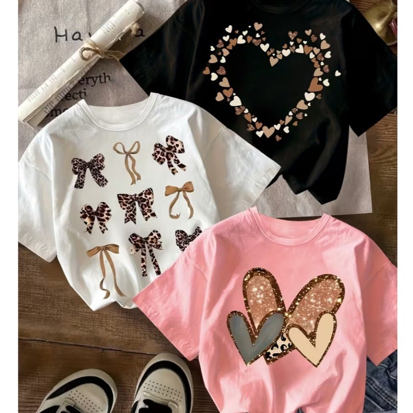 Kit 3 Camisetas Infantil Estampada Menina Delicada Moda Blogueira Luxo Corações