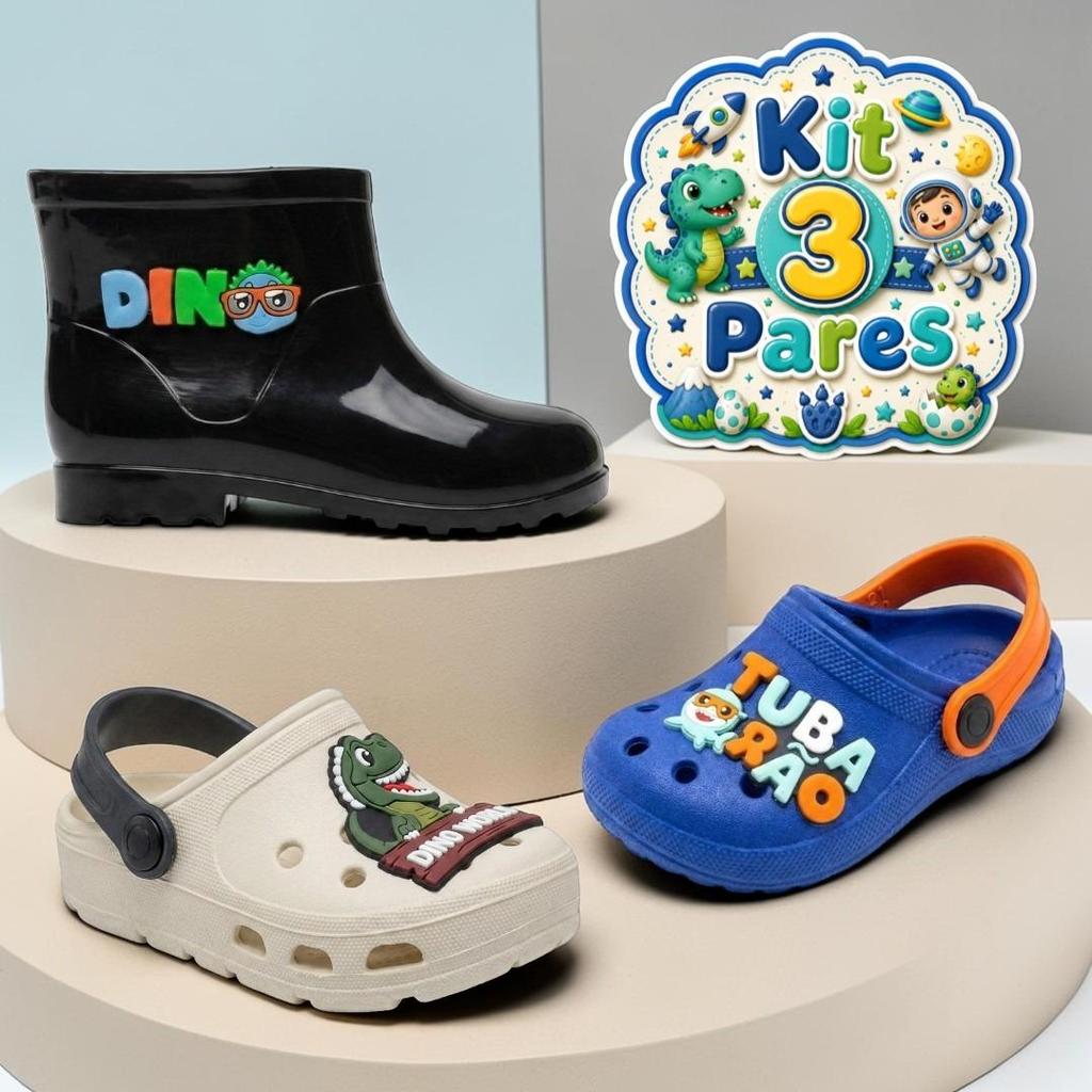 Kit 3 Pares Sandália Babuche Infantil Galocha Bota Menino Escolar Lançamento