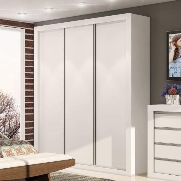 Guarda-Roupa Casal 3 Portas de Correr 4 Gavetas News Branco Branco