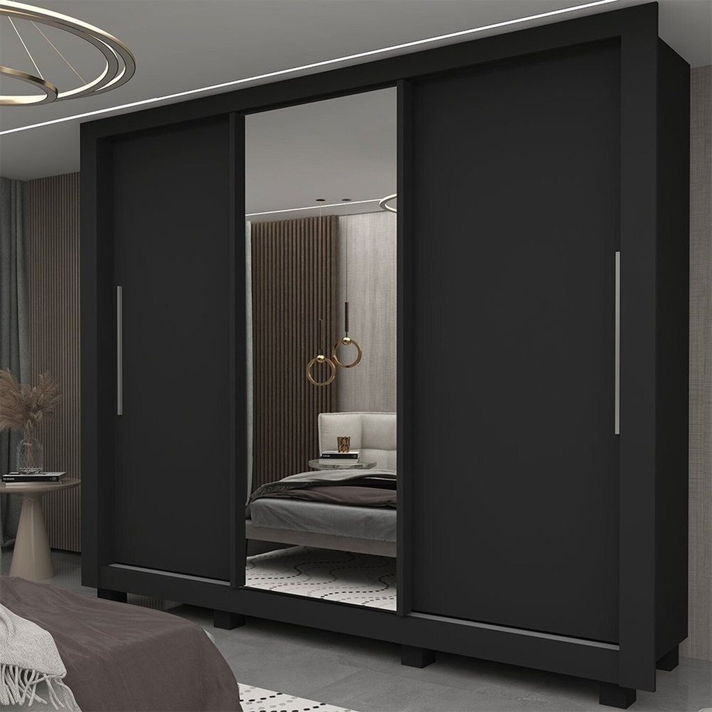 Guarda-Roupa Casal 3 Portas 1 Porta Espelhada com Pés Milão 100% MDF Yescasa Preto Preto