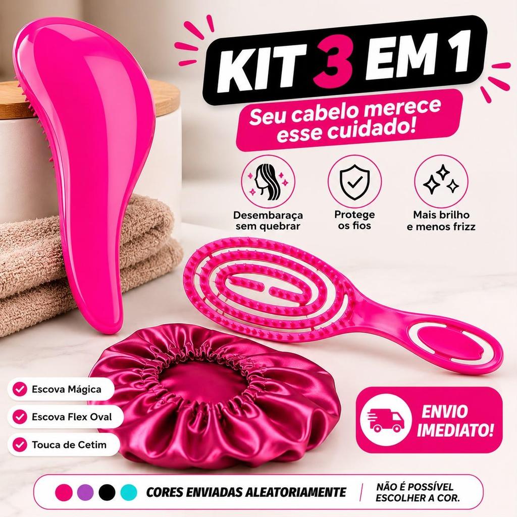 Kit Desembaraço Perfeito 3 em 1 | Escova Mágica + Flex Oval + Touca de Cetim