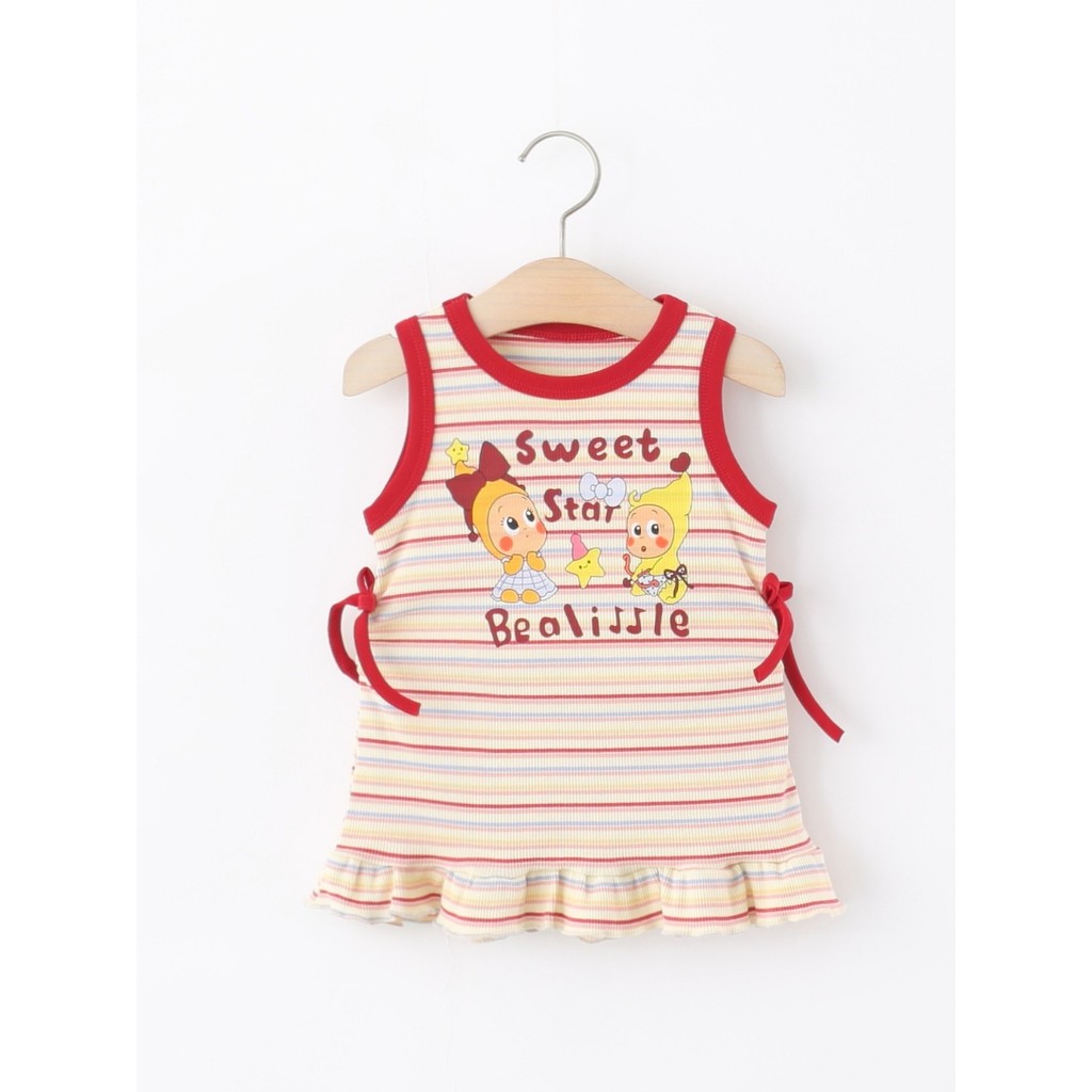 Meninas vestido sem mangas verão crianças meninas dos desenhos animados listrado camiseta vestido bebê menina bebê colet