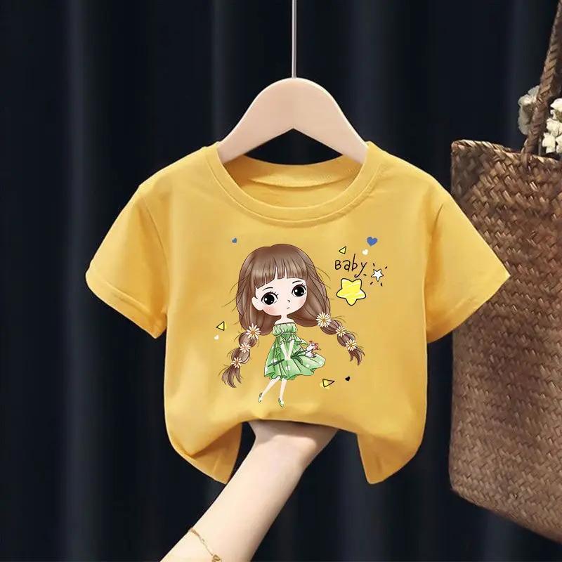 Algodão puro meninas desenhos animados impresso camiseta de manga curta verão All-Match bonito médio pequeno crianças me