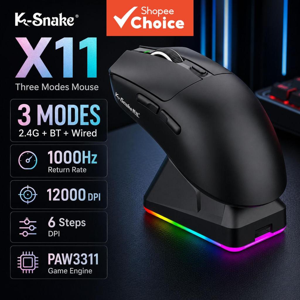 Mouse Gamer Sem Fio X11 PAW3311, Tri-Modo, 2.4G Bluetooth, Dock RGB para Recarga, Ultraleve e Ergonômico, Compatível com