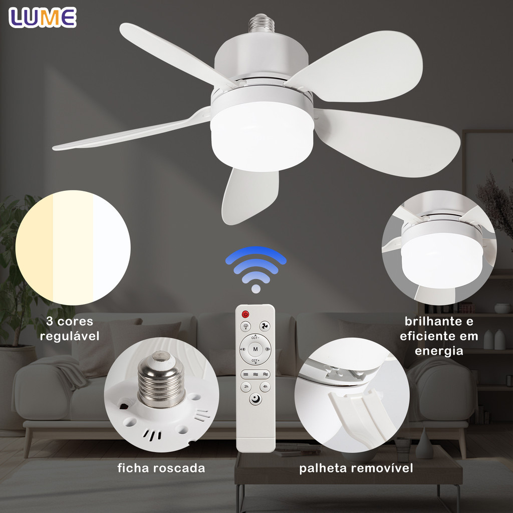 KIT 4 Ventilador de Teto com Luz Silencioso Controle Remoto Instalação Fácil Bivolt para Pequenos Espaços