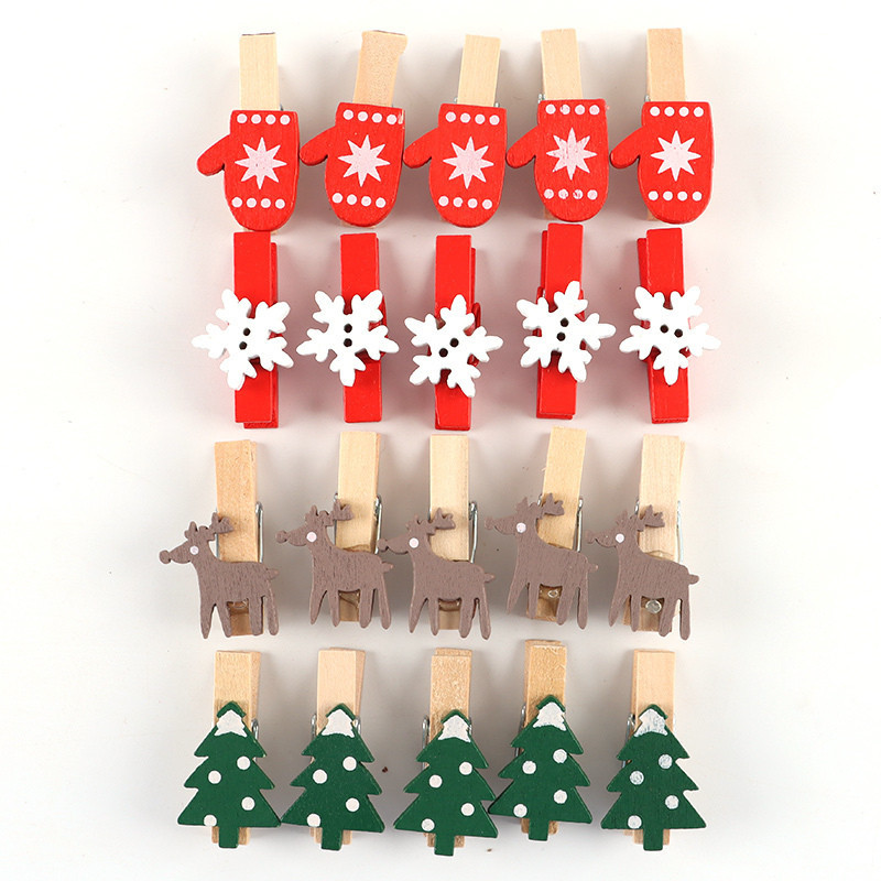 (20 Unidades/Pacote) 18 * 36mm Desenho Animado Árvore De Natal Padrão De Floco De Neve Clipe De Madeira Decoração Cartão