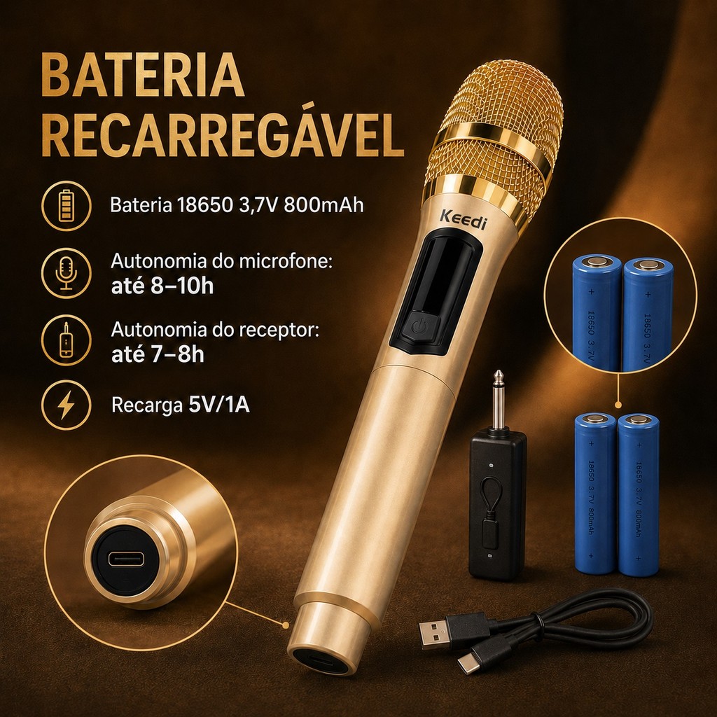 Microfone para Karaokê Eventos e Apresentações Kit 2 Sem Fio Dourados 2.4GHz Recarregáveis P10 USB-C 40m MIC-1029 — imagem 2 de 2