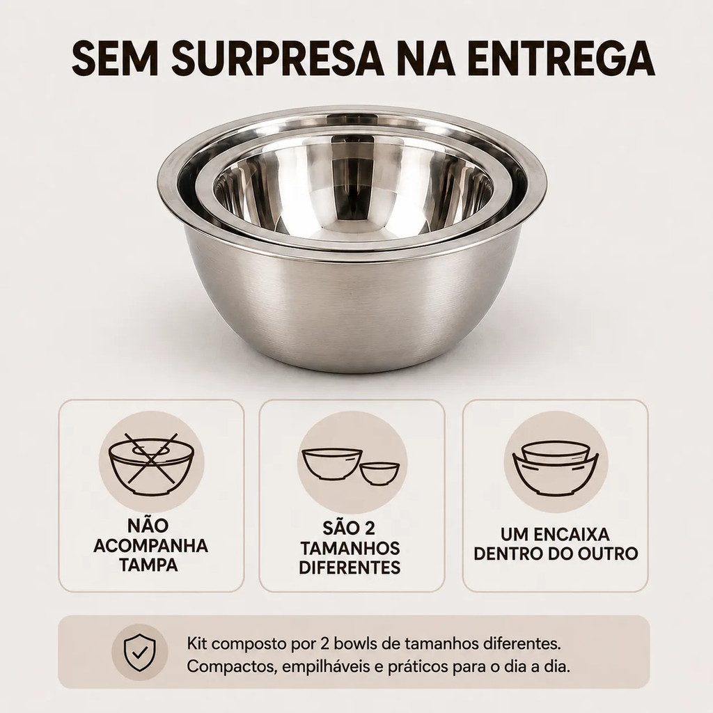 Kit 2 Bowls Inox Tigela 16 18 cm Empilhável Cozinha Misturar Receita Salada Confeitaria · foto 2