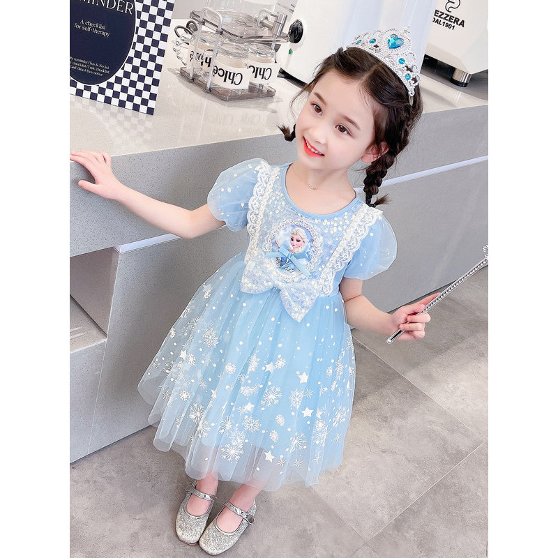 Meninas verão 2026 dos desenhos animados impresso estilo ocidental vestido de princesa novo estilo moda manga curta rend