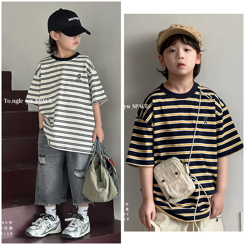 Crianças crianças feliz peixe roupas infantis simples de manga curta listrado camiseta 26 primavera novos meninos médio 