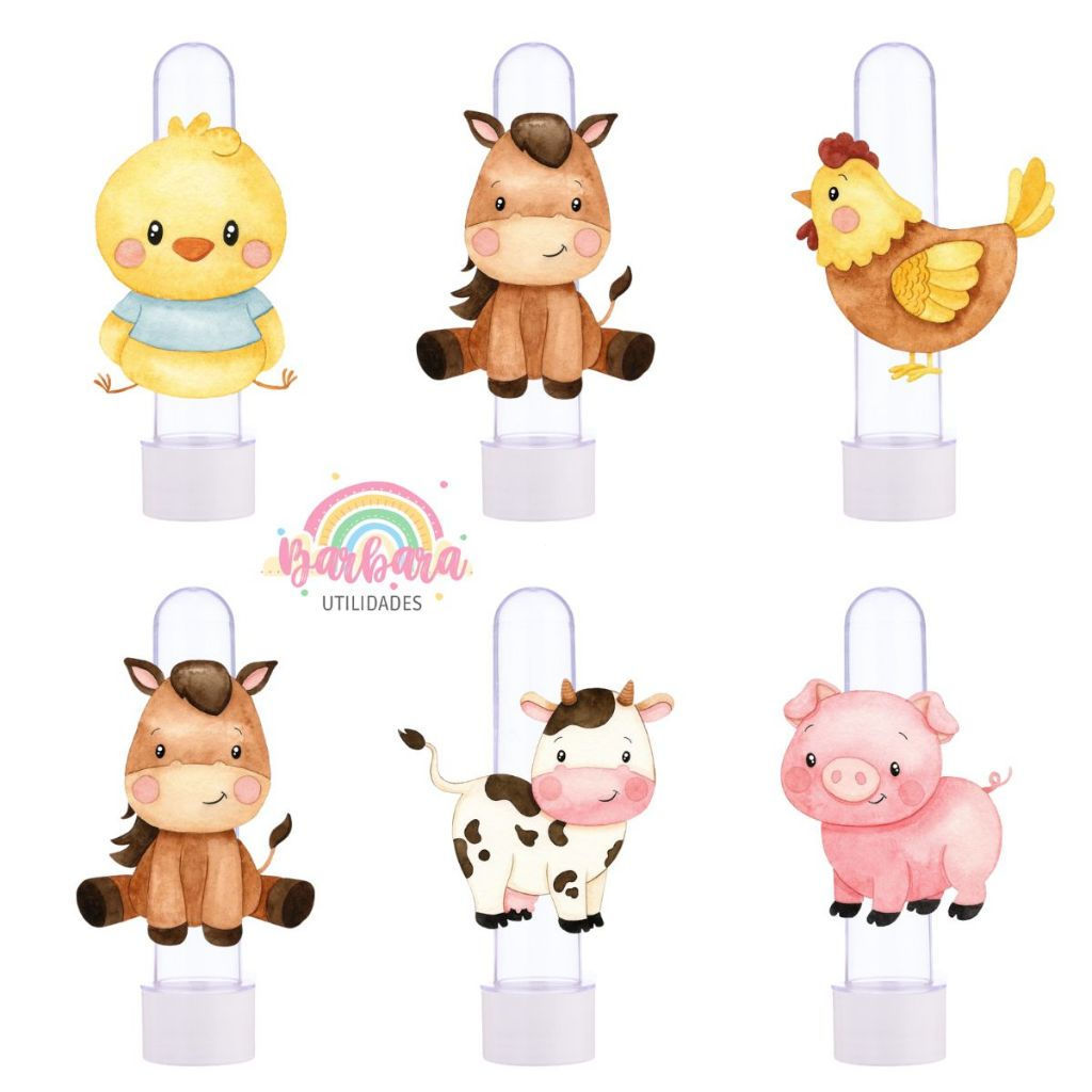 20 Tubetes + Apliques 3D Personalizado Lembrancinha Festa Aniversário Fazendinha Aquarela